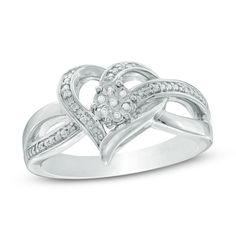 Show her your romantic side with this adorable heart ring. Crafted in sterling silver, this woven split-shank design features polished and diamond-accented ribbons that sweep and swirl into a clever heart-shaped frame with a round diamond-accent composite centerpiece. A great anytime look, this ring is finished with a bright polished shine. Custom-made to fit her ring size. Sterling silver rings cannot be resized after purchase. Affordable Fine Jewelry, Woven Heart, Zales Jewelry, Heart Shaped Frame, Her Ring, Silver Heart Ring, Peoples Jewellers, Diamond Stone, Silver Diamonds