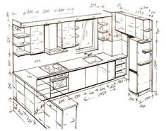 a drawing of a kitchen with cabinets and drawers