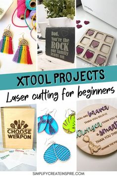 some crafts are being displayed with the words xtool projects laser cutting for beginners