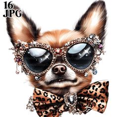 a dog wearing sunglasses and a bow tie with leopard print on the collar, in front of a white background