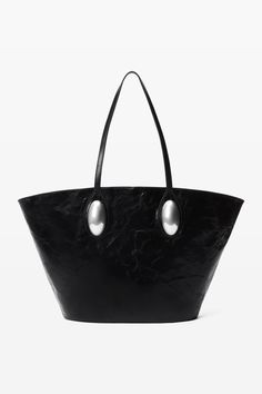 alexanderwang Dome Large Tote Bag in Crackle Patent Leather #RequestCountryCode# Glossy Leather Tote Bag, Glossy Leather Double Handle Shoulder Bag, Black Glossy Finish Shopping Bag, Body Composition, Wall Pockets, Large Tote Bag, Embossed Logo, Large Tote, Alexander Wang