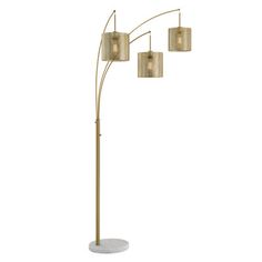 the three light floor lamp is gold and has four shades on each side, one shade off