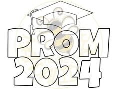 the word prom written in black and white with a graduation cap on top of it