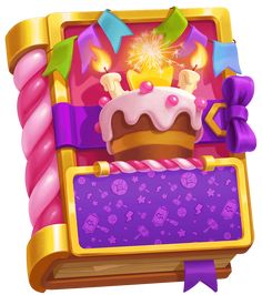 a cartoon birthday cake with candles on it's top and purple ribbon around the edges