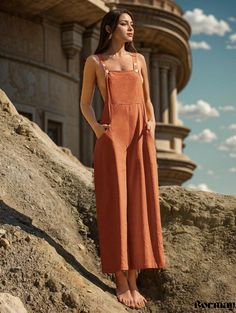 Bormay - Loose-Fit Wide-Leg Jumpsuit with Sleeveless Overall Design in Solid Color Loose Fit Jumpsuit, Overall Design, Suspender Pants, Casual Rompers, Boring Clothes, Elastic Waist Pants, Sleeveless Jumpsuits, Wide Leg Jumpsuit, Pants Outfit