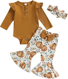 Kuriozud Newborn Baby Girl Bell Bottom Outfit Ruffle Romper Cute Bow Flare Pants Set Headband Cute Clothes Bell Bottoms Outfit, Girls Halloween Outfits, Girls Fall Outfits