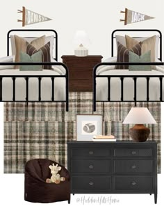 a bedroom with two twin beds, nightstands and a teddy bear on the dresser