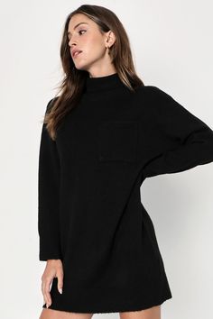 Prepare to be the cutest (and warmest) babe of the season in the Lulus Positively Charming Black Turtleneck Mini Sweater Dress! Soft brushed sweater knit shapes this cozy dress that features a chic turtleneck framed by long sleeves with drop shoulders. The relaxed, shift silhouette boasts a front patch pocket before it falls to a cute mini hem that pairs perfectly with your favorite knee-high boots. Ribbed knit accents the neckline, cuffs, and hem. Fit: This garment fits true to size. Length: Mi Cozy Fit High Neck Turtleneck For Fall, Fall High Neck Sweater, Knit High Neck Turtleneck For Fall, Fall Knit High Neck Turtleneck, Fall Soft Knit High Neck Turtleneck, Cozy Long Sleeve Textured Sweater Dress, Fall Turtleneck For Loungewear, Crew Neck Sweater Dress For Winter, Cozy Textured Knit Long Sleeve Sweater Dress