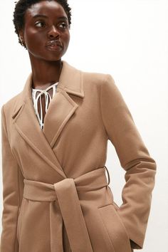 Style: Smart CoatDesign: PlainFabric: Wool Wrap Coat, Cinched Waist, Wool Blend, Oatmeal, Cover Up, Jackets & Coats, Wool, Fabric, How To Wear