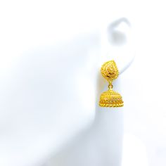 These 22k gold Jhumki earrings feature intricate paisley accents, blending traditional charm with ornate craftsmanship. Weighing 11.8 grams, the earrings are crafted from radiant yellow gold and have a hanging style with a 1.3-inch length, perfect for making a statement. The screw-back posts ensure secure and comfortable wear. The detailed paisley design adds a touch of elegance, making these earrings ideal for those who appreciate classic, culturally rich jewelry with a sophisticated flair. Perfect for festive occasions and celebrations. Product Details Gold Purity(karat): 22k Gold Weight(grams): 11.8 Item Finish: Yellow Gold Earring Style: Hanging/Jhumki Earring Length: 1.3" Earring Post: Screw Back 22k Gold Dangle Earrings With Intricate Design, 22k Yellow Gold Dangle Bridal Earrings, Elegant Yellow Gold Jhumkas With Tilla, Yellow Gold Drop Earrings Jhumkas, Elegant 22k Yellow Gold Jhumkas, Elegant 22k Gold Filigree Jhumkas, Gold Plated Jhumkas For Formal Events, Gold Plated Gold Jhumkas For Formal Occasions, Gold-plated Gold Jhumkas For Formal Events