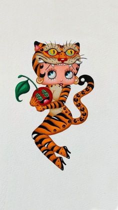 a drawing of a tiger with an apple in it's mouth and holding a flower