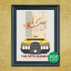 the fifth element cross stitch pattern is displayed in a black frame on a beige wall