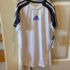 Nwt Adidas Climalite Kids Shirt, White, Dark Gray, Royal Blue Logo, Size L Sporty White Breathable T-shirt, White Breathable Sportswear T-shirt, Adidas White Sporty T-shirt, White Adidas Sporty T-shirt, White Team Name Sportswear Activewear, White Adidas T-shirt For Sports Events, Adidas White T-shirt For Sports Season, Adidas White T-shirt For Sports, White Sportswear Activewear With Team Name