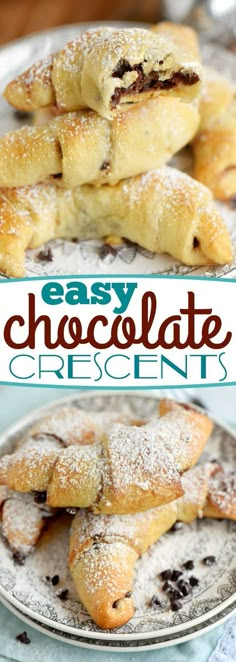 easy chocolate crescents on a plate with powdered sugar in the middle and text overlay that reads easy chocolate crescents