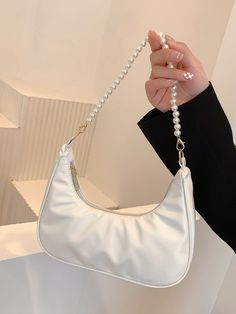 White Elegant Collar  PU Leather Plain Baguette Bag Embellished   Women Bags Pearls Bag, Cute Hand Bags, Prom Bag, White Shoulder Bag, Pearl Decor, Pearl Bag, Elegant Bags, Trendy Handbags