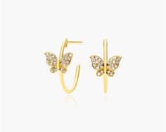 14K Yellow Gold Butterfly Hoop Earrings. Celestial butterflies combine with contemporary hoops in these brilliant earrings that are the perfect addition to your jewelry collection. Elegant Huggie Earrings With Butterfly Charm, Elegant Gold Butterfly Hoop Earrings, Butterfly Hoop Earrings, Gold Butterfly, Diamond Earrings, Butterflies, Jewelry Collection, Jewelry Earrings, Hoop Earrings