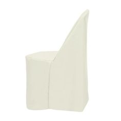 a white chair with a curved back and seat cover on the bottom, side view