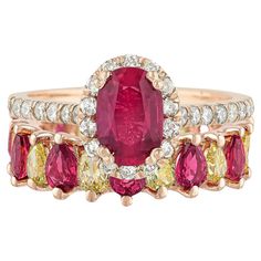 It comes with the Original GIA Certificate #2225505847 All Gemstones are Natural The set consists from two rings Main Ring Details: Natural Unheated Ruby = 1.10 Carat (Cut: Oval, Color: Red) Diamonds = 0.45 Carats (Color: F-G, Clarity: VVS-VS) Metal: 14K Rose Gold Ring Size: 6.25* US *It can be resized complimentary Eternity Band Details: 11:11 (11 Rubies & 11 Fancy Yellow Diamonds) Rubies = 2.20 Carats (Cut: Pear, Color: Red) Fancy Yellow Diamonds = 1.65 Carats (Color: Fancy Yellow, Cut: Pear, Rose Gold Eternity Band, Memory Ring, Red Diamonds, Sapphire Cocktail Ring, Gia Certificate, Rings Antique, Fancy Yellow Diamond, Yellow Diamonds, Diamond Eternity Band