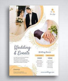 a wedding and event flyer with two hands holding each other in front of a bride and groom