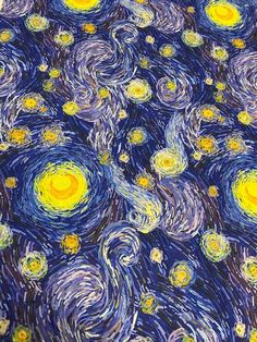 the starry night is painted with yellow and blue paint on it's surface