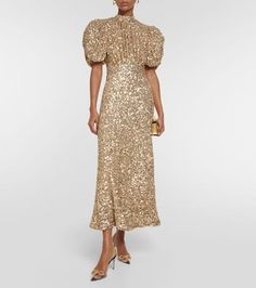 Sequined Midi Dress in Gold - Rotate Birger Christensen | Mytheresa Rotate Birger Christensen, Puff Sleeve Midi Dress, Birger Christensen, Glamorous Style, Gold Sequins, Sleeve Midi Dress, Gold Dress, Puff Sleeve, Going Out