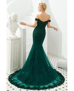 Buy Mermaid Green Lace Beading Prom Formal Dress With Off Shoulder Strap at wholesale price online. High quality custom-made service pro since 2009. Court Train Prom Dress, Green Tulle, Green Mermaid, Lace Prom Dress, Beaded Prom Dress, Custom Size Dresses, Prom Formal, Green Prom Dress, Tulle Prom Dress