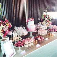 a table topped with lots of cakes and desserts