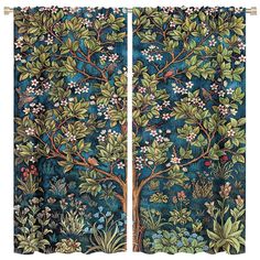 two curtains with trees and flowers on them