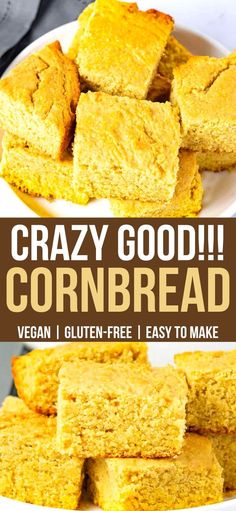 cornbread cut into squares on a plate with the words, crazy goody cornbread vegan gluten - free easy to make