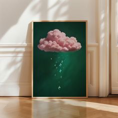 there is a pink cloud floating in the air above water on a green background with white trim