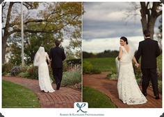 a bride and groom walking down a brick path in their wedding attire at the park