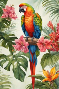 a painting of a parrot perched on a branch surrounded by tropical flowers and foliages