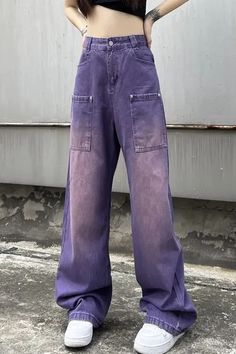 High Waist Retro Purple Long Jeans Pants – Leena Outfit Purple Jeans Women, Street Style Jeans, Y2k Cargo Pants, Jeans Female, White Gradient, Denim Decor, Purple Jeans, Denim Cargo Pants, Gradient Design