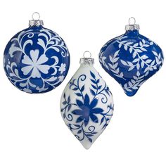 three blue and white ornaments hanging from strings