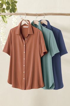 A bestseller for its softness, beautiful drape and casual versatility, our button-front Bistro Shirt is back with a refined feminine fit and longer length. Straight hem with rounded side slits. Imported. | Women's Bistro Shirt - Copper - XS Draped Blouse, Beautiful Drapes, Coldwater Creek, Button Front Shirt, Full Figured, Clothing Rack, Petite Size, Thyme, Shirt Top