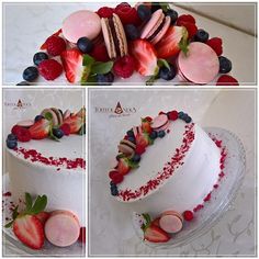 three pictures of a cake with fruit on top