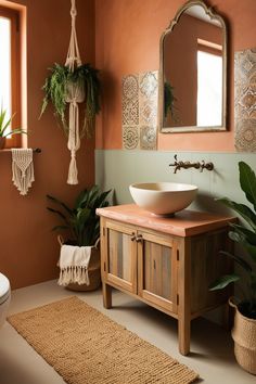 a bathroom with a sink, mirror and potted plants