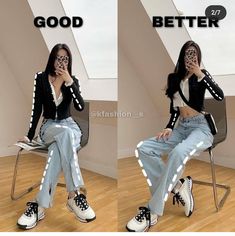 two pictures of a woman sitting in a chair with the words good and better on her face