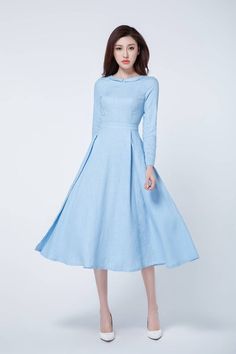 Light blue dress midi dress pleated dress spring dress | Etsy Modest A-line Long Sleeve Dress For Spring, Modest Light Blue Spring Dress, Light Blue Pleated A-line Dress, Light Blue A-line Pleated Dress, Light Blue Long Sleeve Maxi Dress For Spring, Spring Light Blue Long Sleeve Maxi Dress, Blue Linen Long Sleeve Midi Dress, Blue Linen Long Sleeve Maxi Dress, Light Blue Linen Dresses For Spring