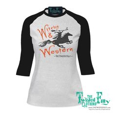 Even every good cowgirl can be a little witchy and western sometimes. This tee is the perfect Halloween shirt! Be a little western or witchy, in this ultra soft triblend 3/4 sleeve raglan tee. So comfy you won't want to take it off..... Fall Relaxed Fit T-shirt With 3/4 Sleeves, Cotton T-shirt With 3/4 Sleeve For Fall, Fitted Witchy Top For Halloween, Fall Cotton T-shirt With 3/4 Sleeve, Western Style Crew Neck Tops For Fall, 3/4 Sleeve Tops With Graphic Print For Fall, Soft-washed Tri-blend Fall Tops, Black Western Crew Neck Top, Black Western Top With Graphic Print