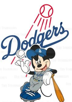 mickey mouse baseball player with the los angeles dodgers logo on his chest and holding a bat