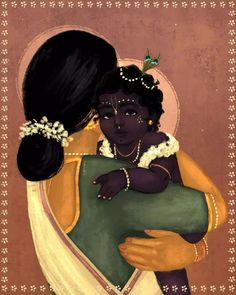 a painting of a woman holding a child in her arms with pearls on her head