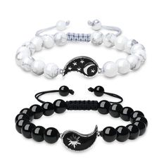 PRICES MAY VARY. Stainless steel yin yang charm: 0.75*0.47"(19*12mm); 8mm Howlite & Black Obsidian Stone Adjustable Nylon String: Female 6.25"(16cm) & Male 6.5"(16.5cm) are the shortest length These couples bracelets deliver a clear message that "My Sun and Stars & Moon of My Life" These yin yang stone couple bracelets set can be shared between a couple, friends, family members, siblings, or anyone else that is special to you Come with GIFT BOX; 180 days warranty & free replacement These couples Beaded Bracelets For Couples, His And Hers Necklaces, Stone Beaded Bracelets, My Sun And Stars, Moon Of My Life, Bracelets Stone, Yin Yang Bracelet, Bracelets For Couples, Black Obsidian Bracelet