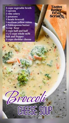 broccoli cheese soup in a white bowl