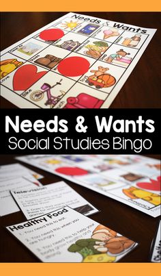 a bunch of cards with words and pictures on them that read needs & wants social studies bingo