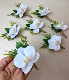 white flowers with green leaves are being held by someone's hand on a table