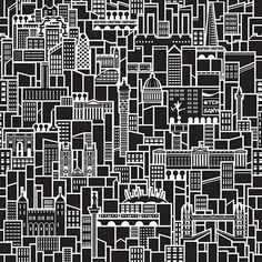 a black and white cityscape with lots of buildings