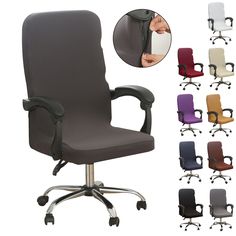 office chair with armrests and casteors in various colors, including black, white, grey, red, yellow, blue, green