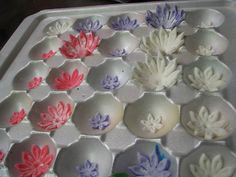 an egg carton filled with lots of different colored flowers on top of eggshells