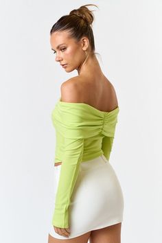 Long Sleeves Solid Ribbed Knit Off the Shoulder Ruched Detail 75% Polyester + 20% Rayon + 5% Spandex Model is wearing a size Small. Height 5'8" Bust 32A" Waist 24" Hips 34" Off Shoulder Long Sleeve Top, Summer Loungewear, Party Bottoms, Resort Chic, Dresses By Length, Crop Top Sweater, Sweater And Shorts, Top Trends, Hat Hairstyles